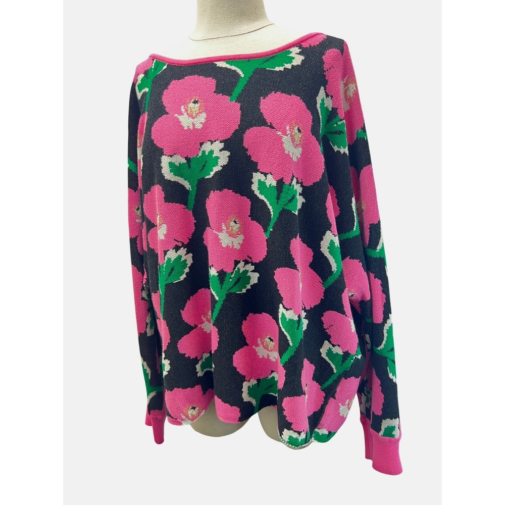 Daily Practice Sweater Womens XL Pink Black Excellent‎ Floral Open Back Knit Top